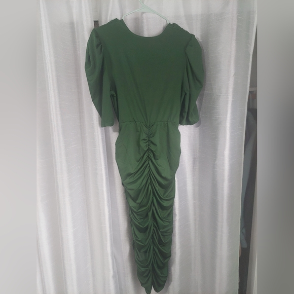 Deep v-neck ruched bodycon dress dark green size medium - Picture 3 of 8